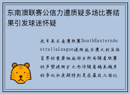 东南澳联赛公信力遭质疑多场比赛结果引发球迷怀疑